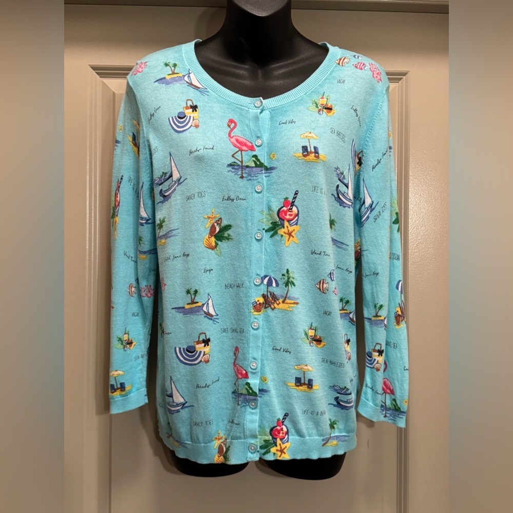 Talbots Lightweight Blue Beach Pattern Cardigan S… - image 5